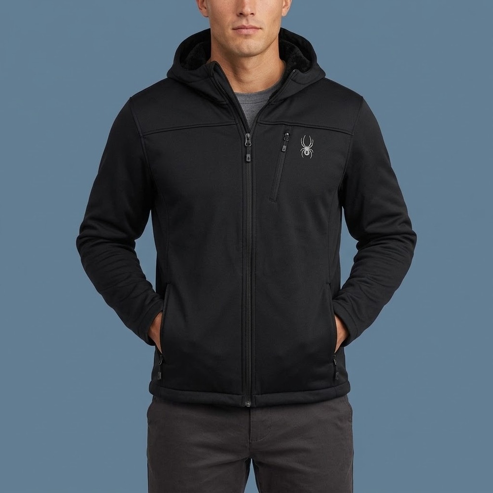 Spyder Men's Small Hooded Softshell Jacket Black Fleece EUC